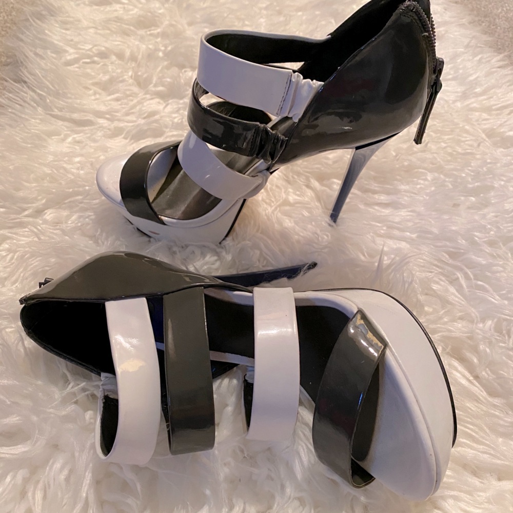 Gray and white striped heels